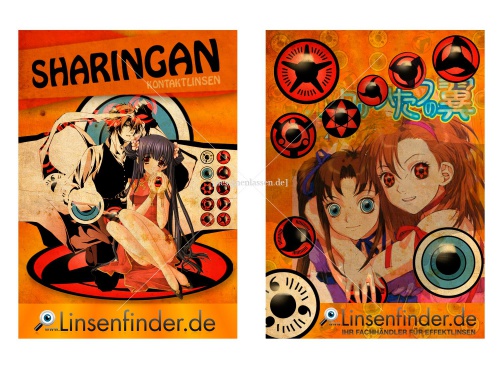 Zweiseitiger DIN A6 Flyer im Anime Look für unsere Sharingan Kontaktlinsen